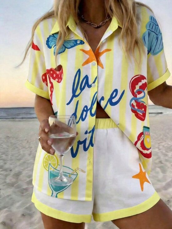 Tops - Light Yellow Casual Women's Vacation Striped Shirt And Shorts Set